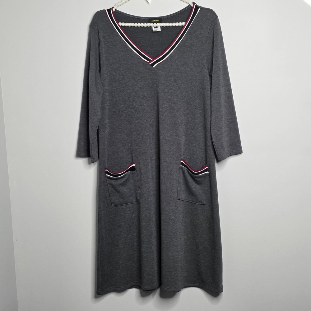 Espresso Dress Women's Size M Gray V-Neck Knit 3/4 Sleeve Pockets Oxford College